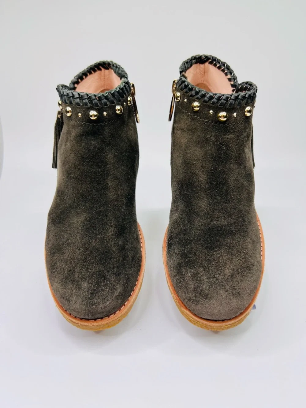 Kate Spade Bowie Tassel Olive Green Suede Side Zip Studded Ankle Booties Women 7
